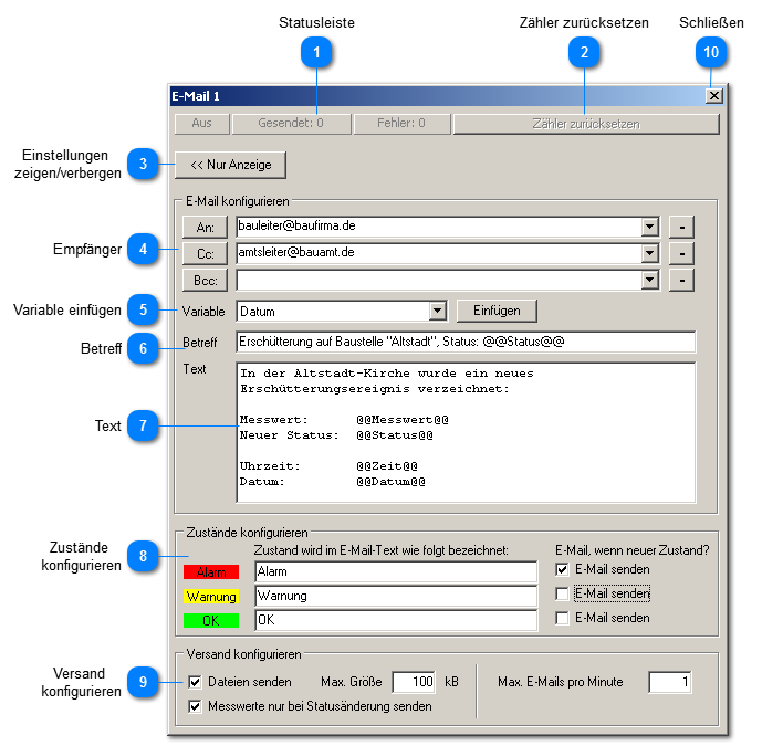 Einstellungen für Ereignismelder E-Mail