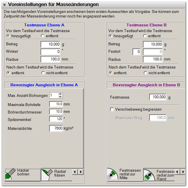 Voreinstellungen für Masseänderungen